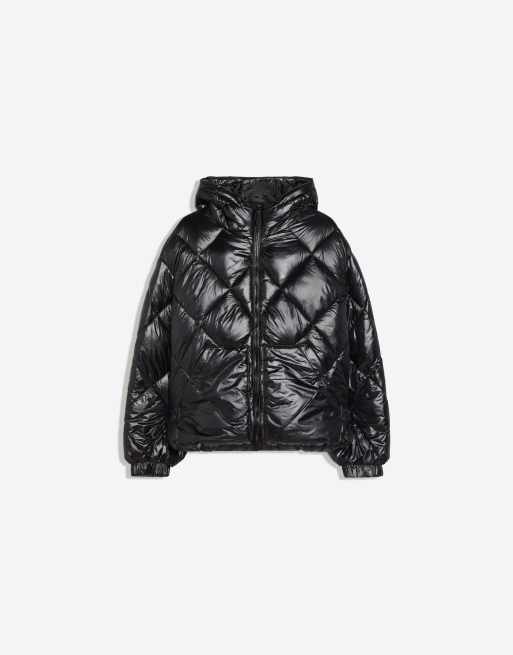 Bershka Diamond-quilted technical hooded jacket in black, 5 of 5