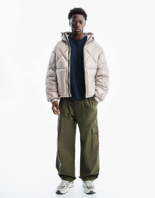 Bershka Diamond-quilted technical hooded jacket in grey, 2 of 5