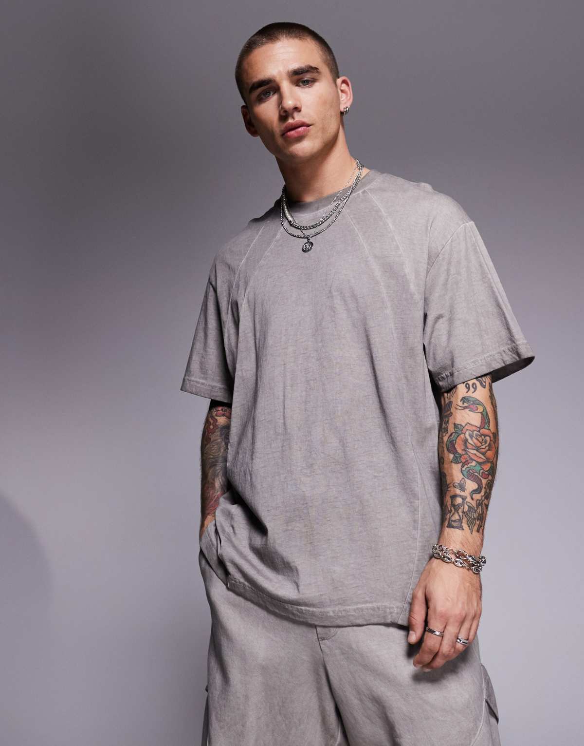 Bershka distressed co-ord t-shirt in grey