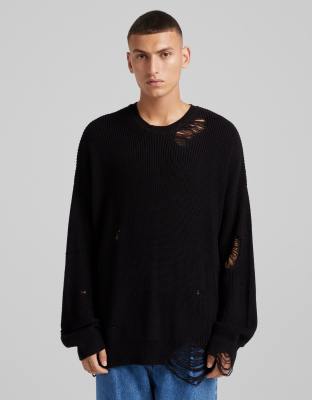 Bershka distressed knitted jumper in black