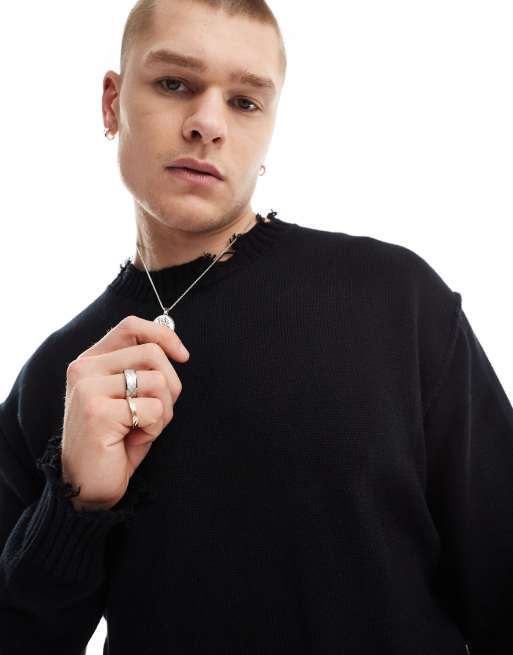 Bershka distressed knitted sweater in black ASOS