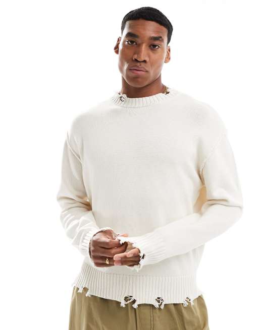 Bershka distressed knitted sweater in white