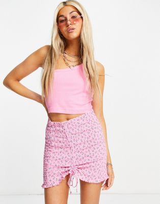 Bershka ditsy floral shirred detail skirt co-ord in pink