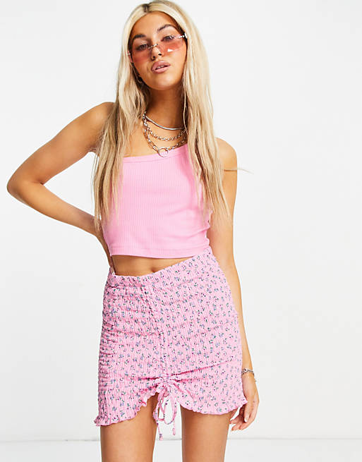 Bershka ditsy floral shirred detail skirt co-ord in pink