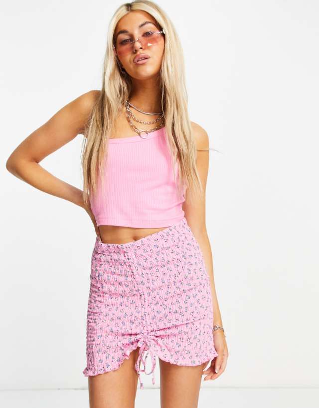 Bershka ditsy floral shirred detail skirt set in pink