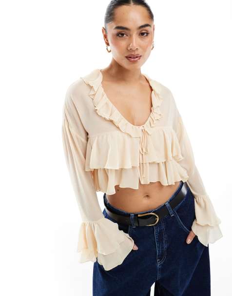 Bershka - Doorschijnende top met gestrikte voorkant in roze - view 1