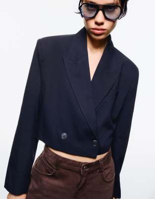 Bershka double breasted boxy fit blazer in blue-Navy