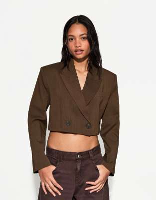 Bershka double breasted boxy fit blazer in brown - view 1