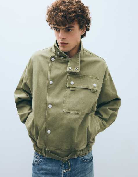 Bershka Double-breasted funnel neck jacket with pocket in green - view 1