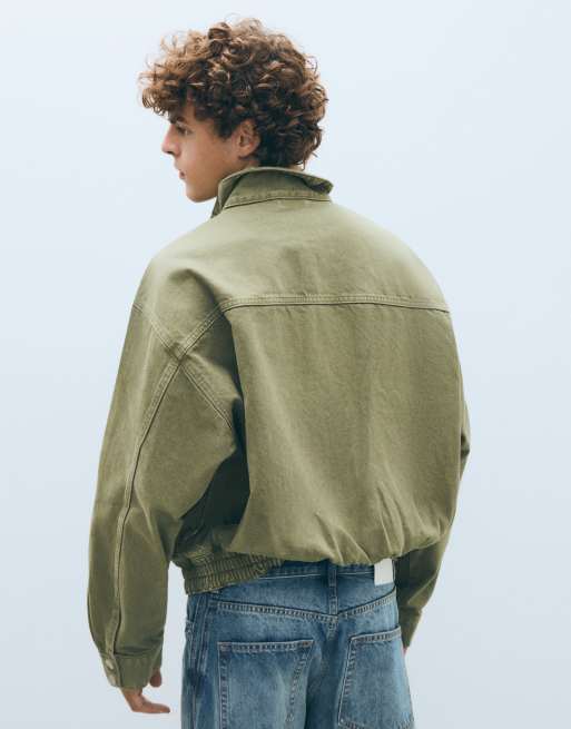 Bershka Double-breasted funnel neck jacket with pocket in green, 4 of 6