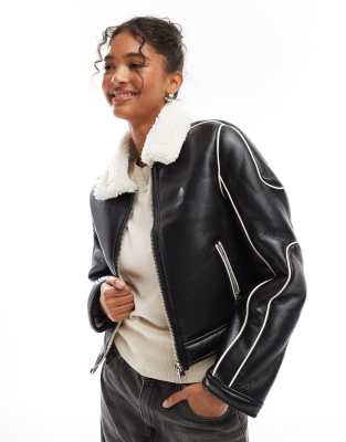 Bershka Double Faced Aviator Jacket With Faux Fur Trim In Black