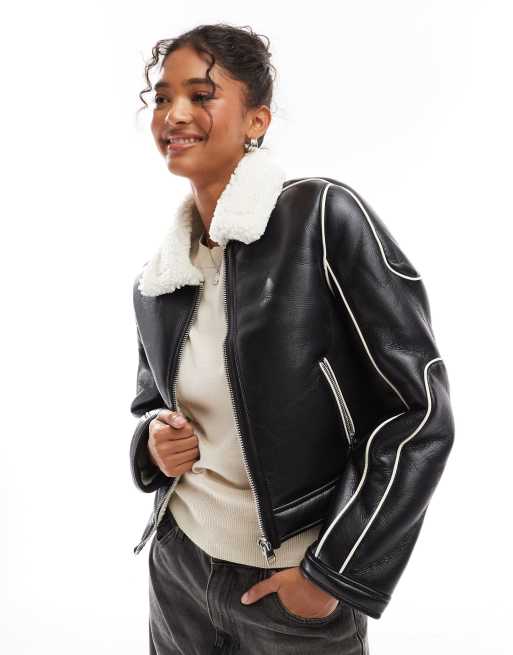 Bershka double faced aviator jacket with fur trim in black ASOS