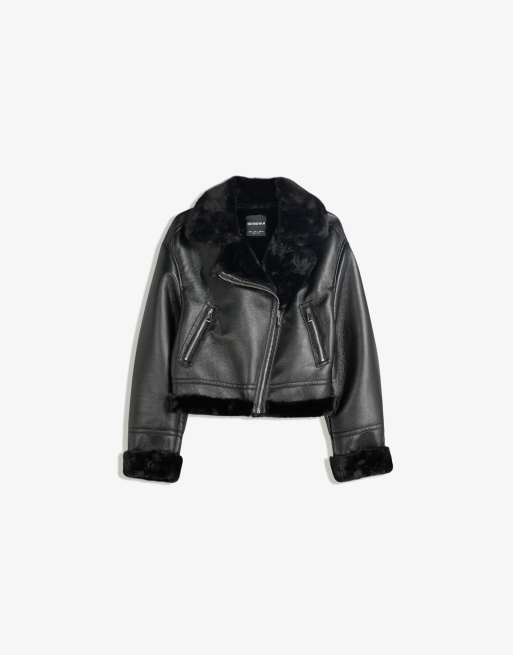 Bershka Double-faced jacket in black, 3 of 4