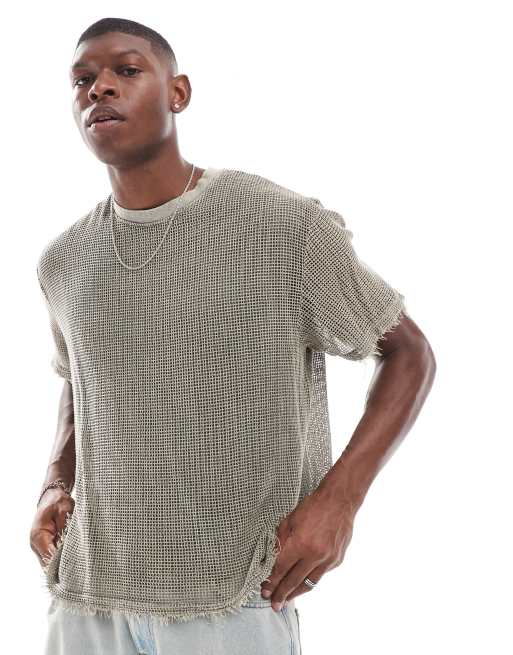 Bershka double layer knit t-shirt in gray