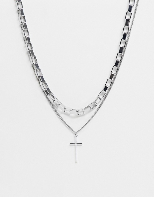 Bershka double layer loop & cross necklace in silver