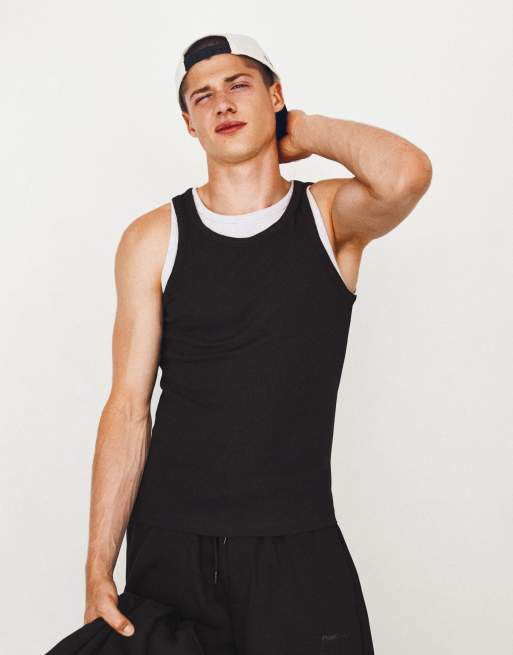 Bershka Double layer rib vest in black, 4 of 4