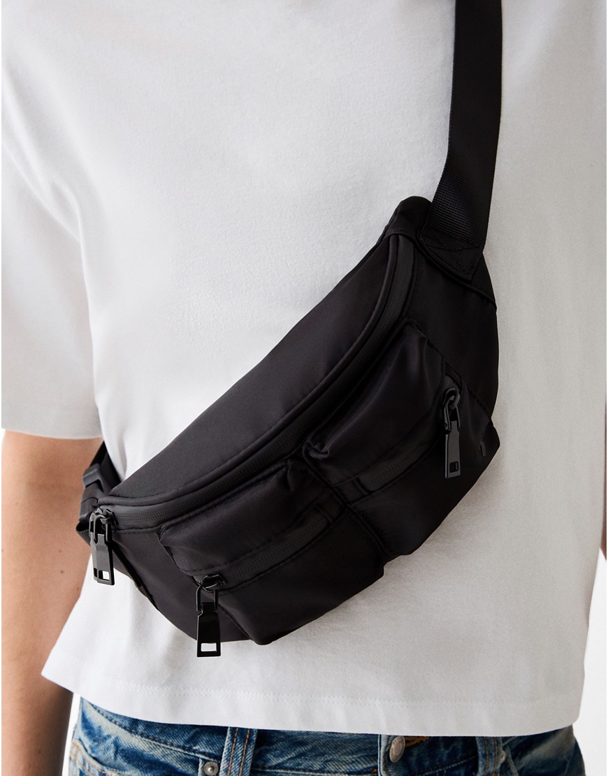 Bershka double pocket bum bag in black