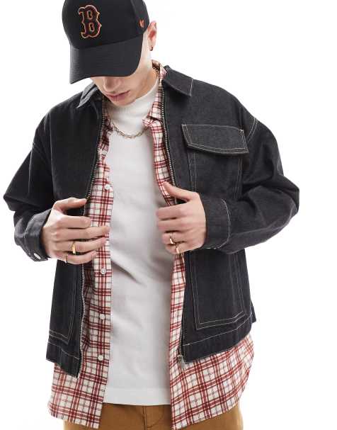 Bershka double pocket denim jacket in dark blue -set - view 1