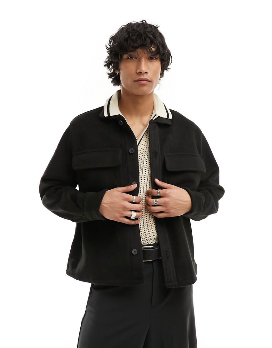 Bershka double pocket long sleeve shirt in black