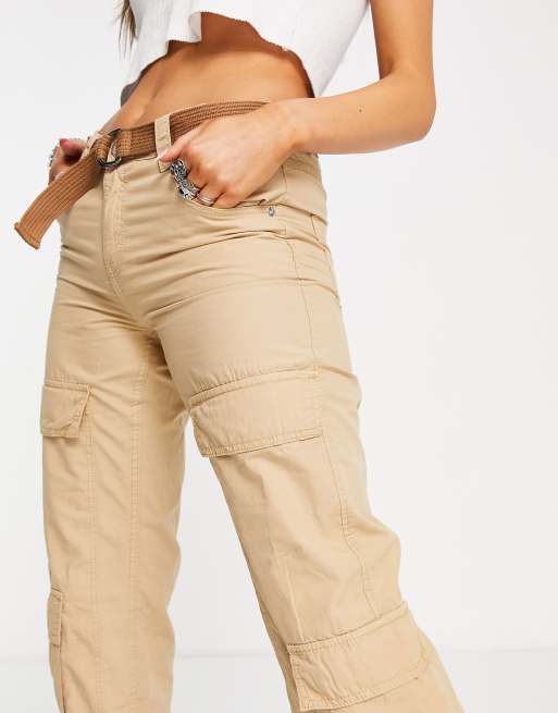 Bershka double pocket low waist belted cargo pants in sand