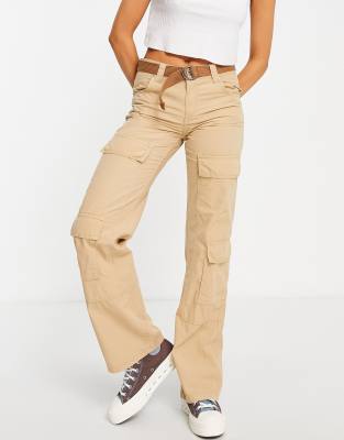 Bershka double pocket low waist belted cargo pants in sand - ASOS Price Checker