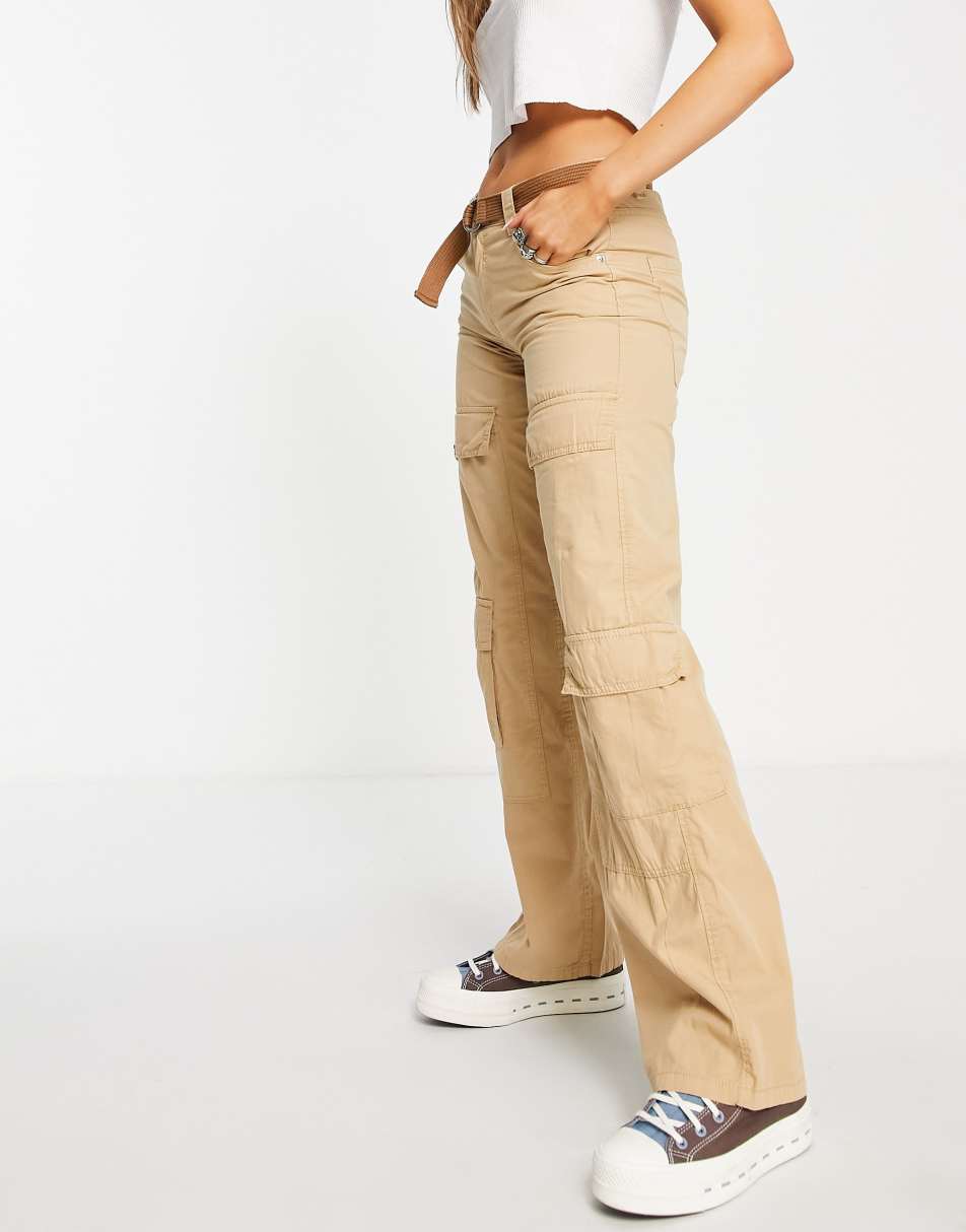 Bershka double pocket low waist belted cargo trousers in sand