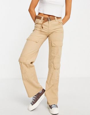 Bershka double pocket low waist belted cargo trousers in sand