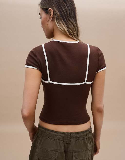 Bershka Double short sleeve t-shirt with contrast print in brown, 3 of 4