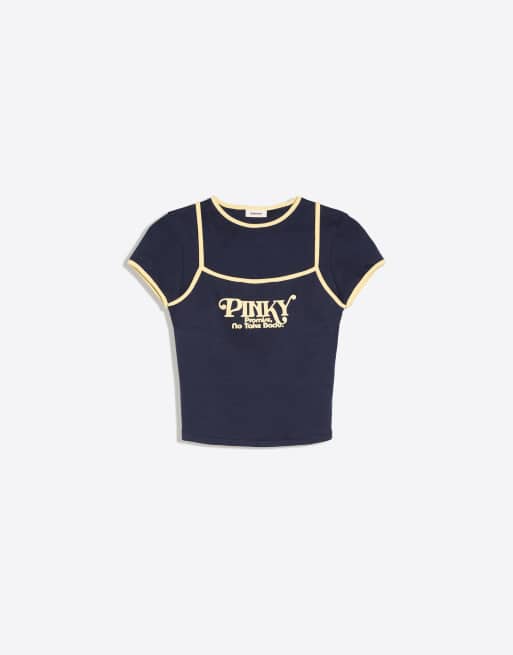 Bershka Double short sleeve t-shirt with contrast print in navy, 5 of 5