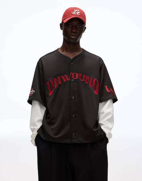 Bershka Double sleeve embroidered boxy shirt in black - view 1