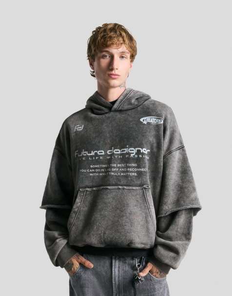 Bershka Double-sleeve print hoodie in black&white - view 1