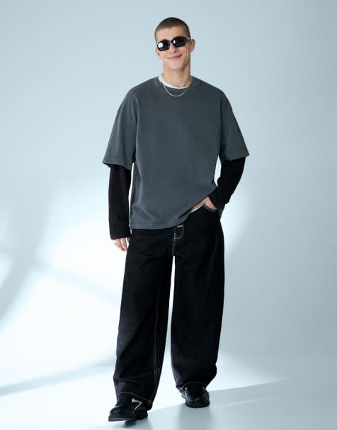 Bershka Double sleeve print t-shirt in black - view 1