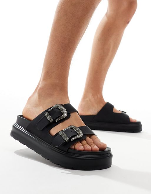 Bershka double strap buckle detail sandal that in black