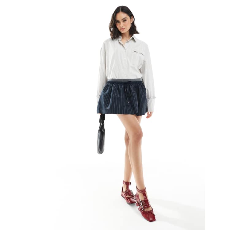 Bershka double waistband skater mini skirt in blue pinstripe | ASOS