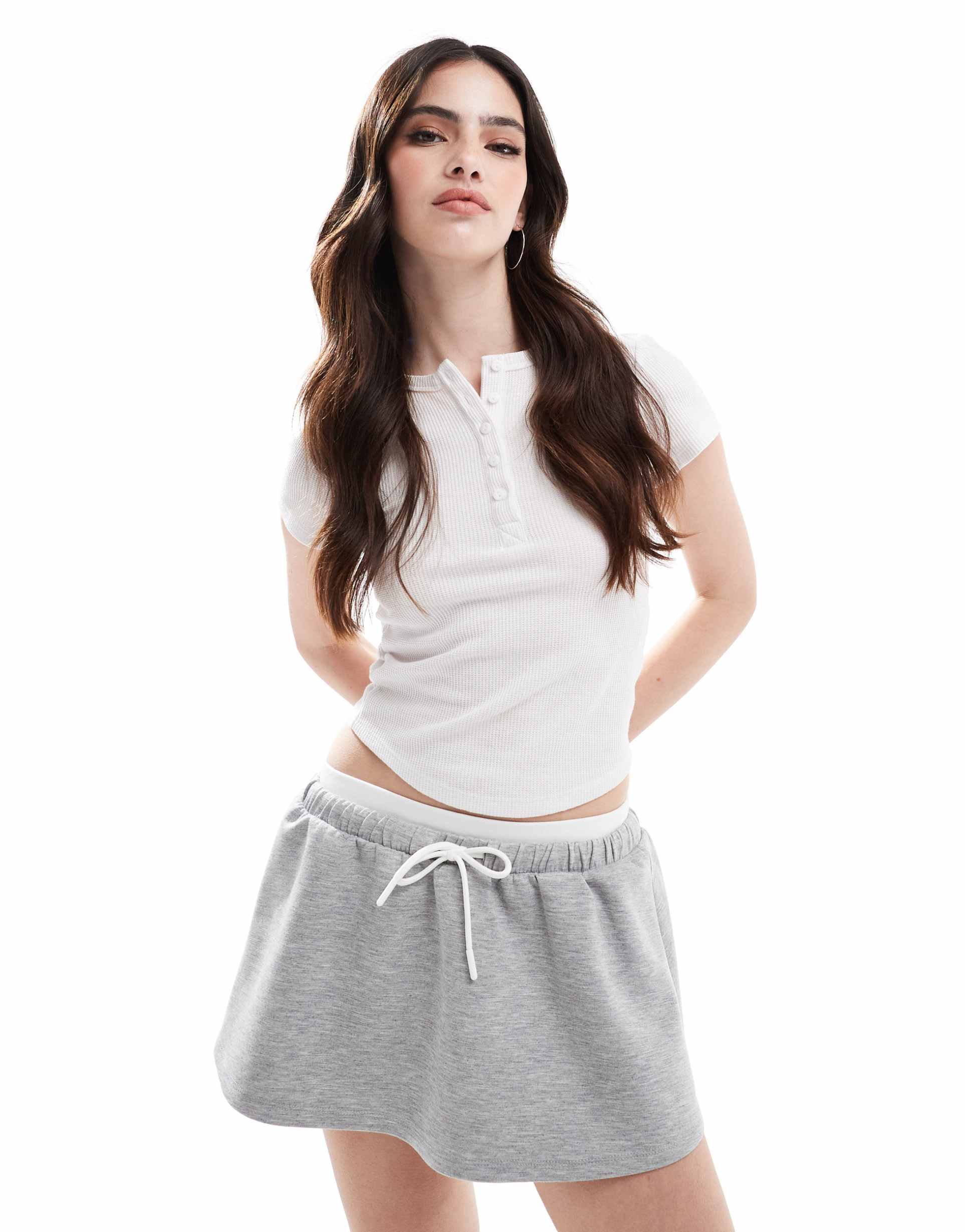 bershka double waistband skater mini skirt in gray heather