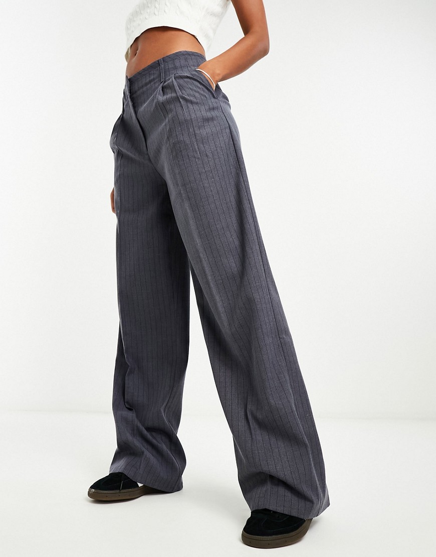 Bershka double waistband wide leg tailored trousers in grey pinstripe