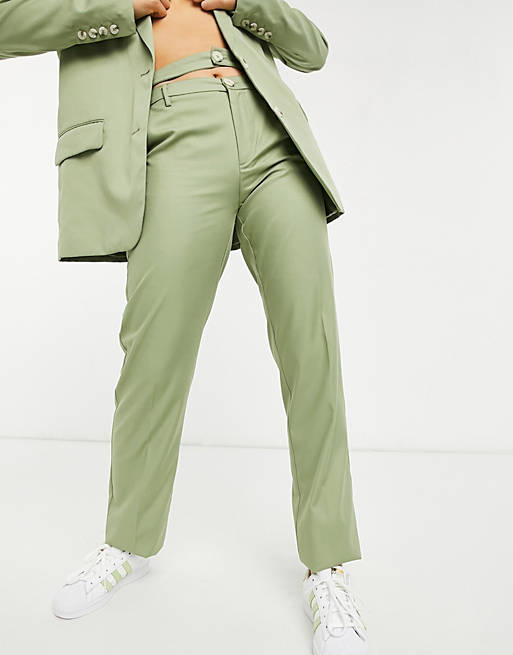 Bershka double waisted tailored pants co-ord in olive green