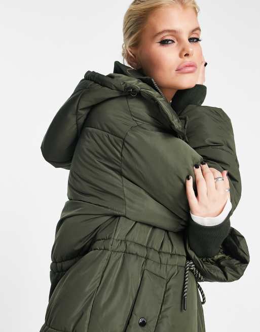Bershka - Doudoune longue à capuche - Vert foncé , 2 de 4