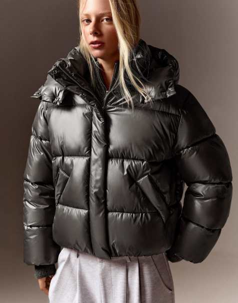 Bershka doudoune oversize à capuche en charbon - view 1