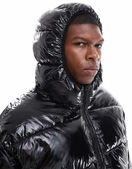 Bershka Doudoune ultra-brillante à capuche Noir ASOS
