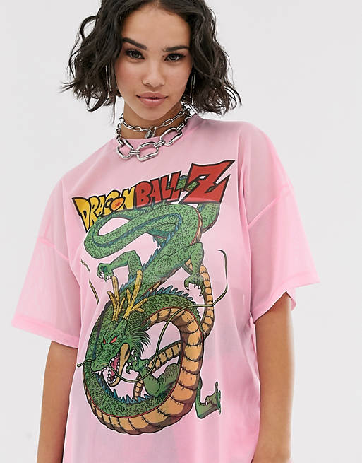 hand rechter driehoek Bershka dragon ball print mesh t-shirt in pink | ASOS