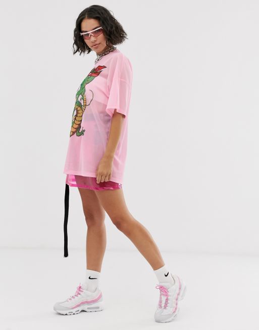 Bershka dragon ball print mesh t shirt in pink