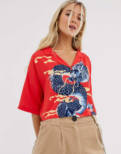 Red dragon print store shirt