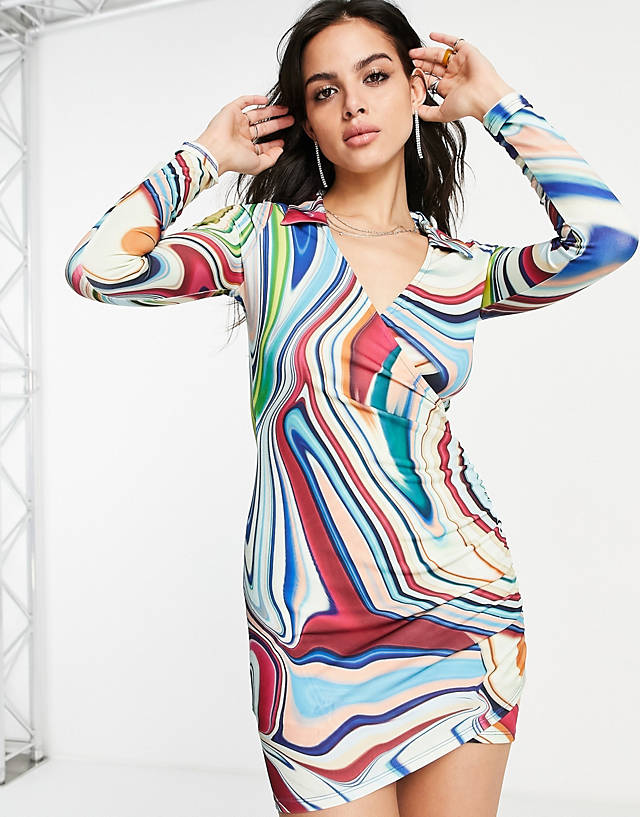 Bershka drape shirt dress in multi holographic print