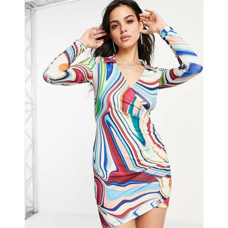 Bershka drape shirt dress in multi holographic print ASOS