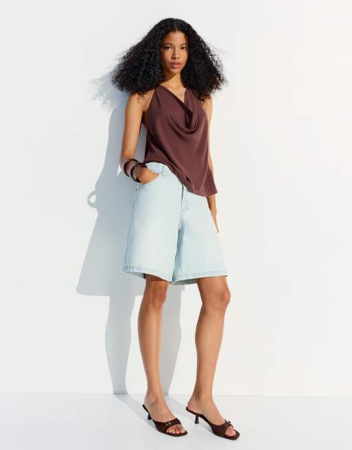 Bershka Draped halter top in brown, 2 of 4