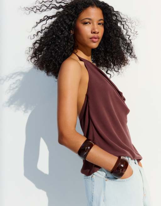 Bershka Draped halter top in brown, 3 of 4