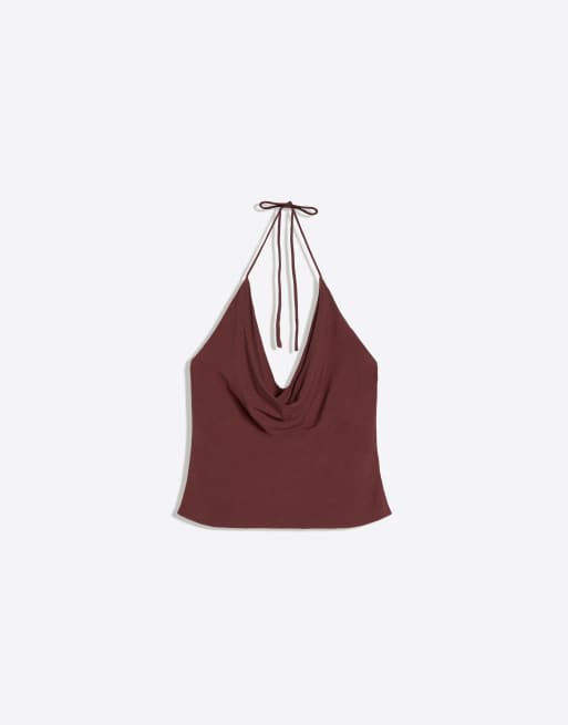 Bershka Draped halter top in brown, 4 of 4