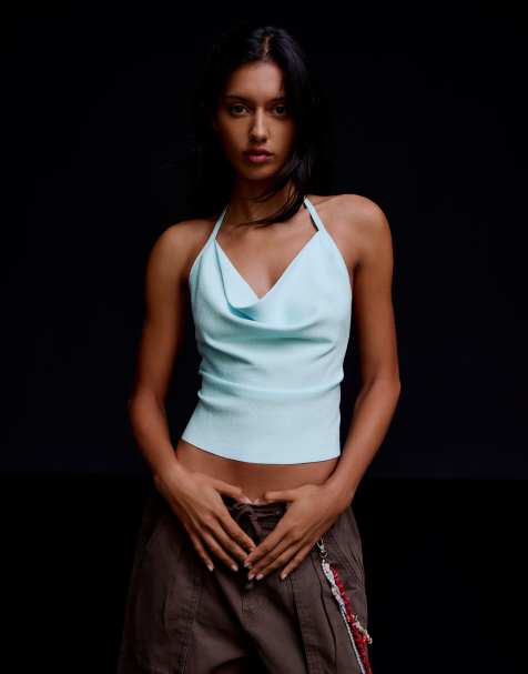 Bershka Draped halter top in light blue - view 1