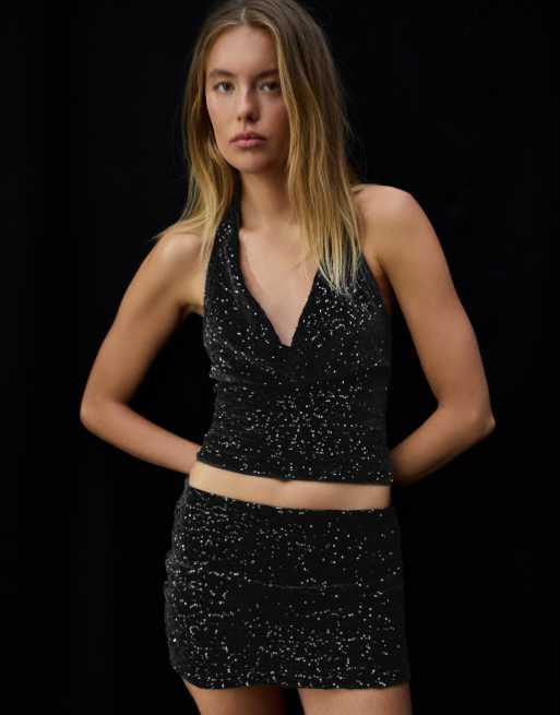 Bershka Draped sequin halter top in black, 4 of 6
